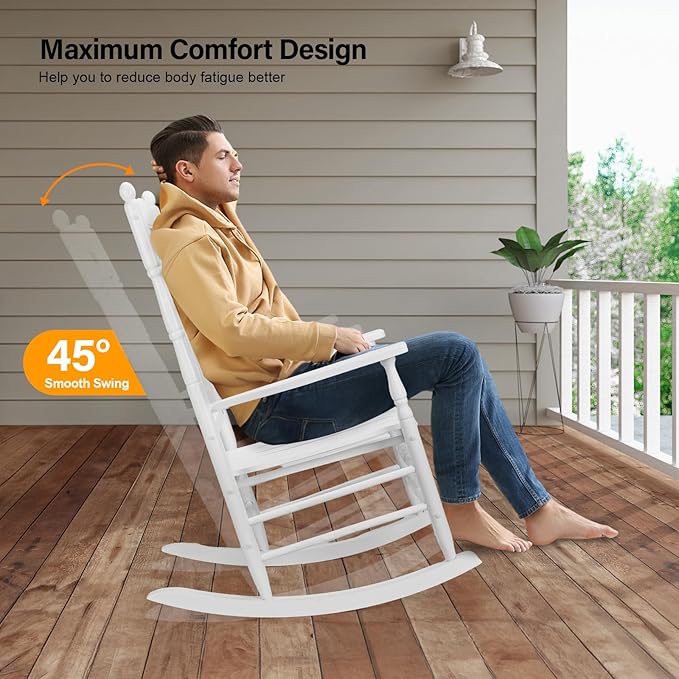 VINGLI Wooden Rocking Chair, Outdoor Chair with 450 lbs Support, Relaxing Rocker with Solid Wood High Back Seat Reclining Seat for Deck, Garden, Backyard, Porch, Indoor or Outdoor Use (White, 2PCS) VINGLI