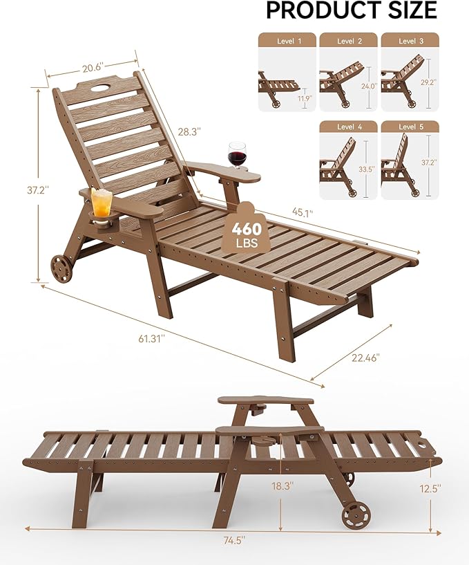 Carauci Lounge Chair Outdoor Set of 2, HDPE Chaise Lounge with Wheels, 5-Position Adjustable Backrest & 2 Cup Holders Patio Lounge Chair, All-Weather Pool Sun Lounger for Poolside, Backyard, Teak Carauci
