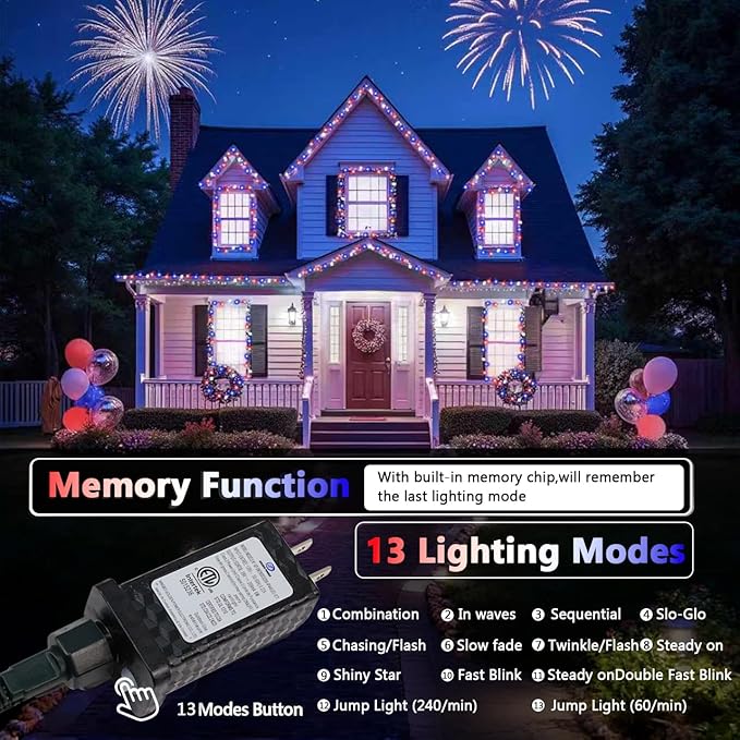 4th of July Decorations Red White and Blue Lights, 200 LED 66FT String Light Plug-in, 8 Modes 4th of July Lights for Indoor Outdoor Independence Day Memorial Day American Flag Patriotic Holiday Decor SANJICHA