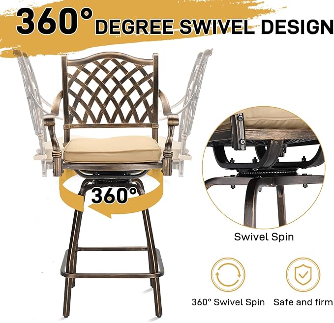 VINGLI Outdoor Swivel Bar Stools Set of 2, Cast Aluminum All-Weather Patio Bar Height Chairs, Patio Bar Dining Chairs Outdoor Swivel Patio Furniture (Grid Back) VINGLI