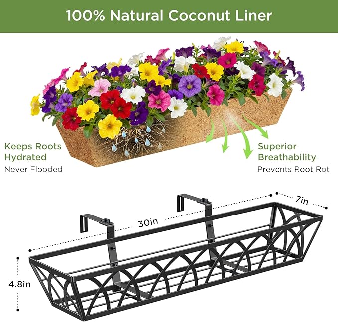 Y&M 30 Inch Window Deck with Coco Liner, Fence Metal Hanging Flower Planter Basket Deck Railing Planter Boxes for Outdoor Garden Lawn, 30" Window Boxes Horse Trough with Coconut Coir Liner,4pcs YM