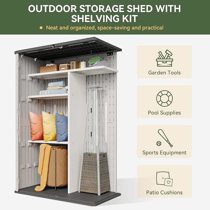 Aoxun Outdoor Resin Storage Shed with Metal Shelving Kit & Floor, 64 Cu.Ft Vertical Waterproof Storage Cabinet for Garage, Pool, Bike, Garden Tools, Patio Furniture (White) Aoxun