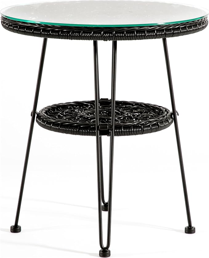Furniture of America Ysar Boho 19-inch Round Coffee Table Outdoor with Tempered Glass Top and Metal Frame, Handcrafted Coastal Furniture for Patio, Poolside, Garden, Yard, Black FurnitureofAmerica