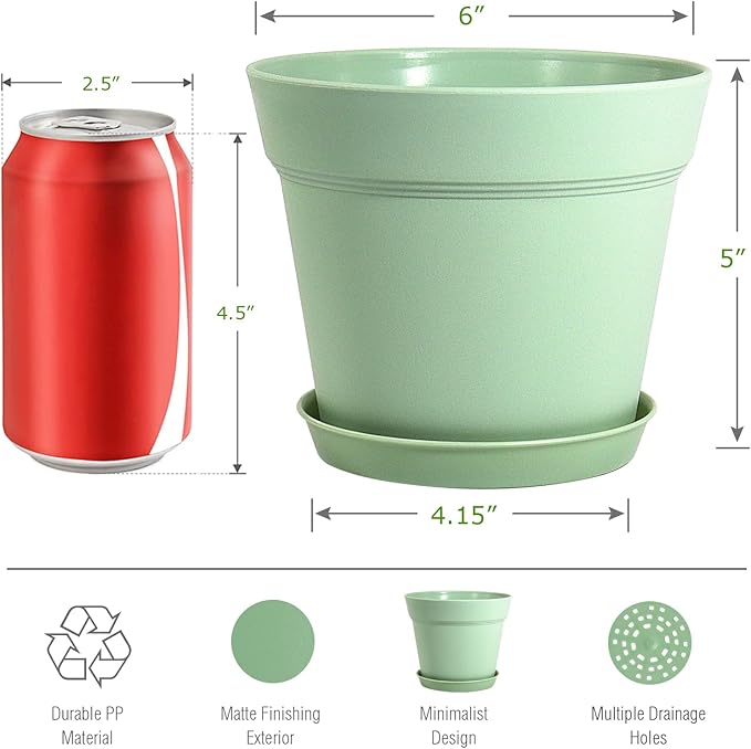 WOUSIWER 16 Pack 6 inch Plastic Planters, Plastic Indoor Planter Flower Pots, Heavy Duty and Stylish 6 Inch Plant Pots for Indoor Plants with Drainage Holes and Tray for Plants Flowers, Green WOUSIWER