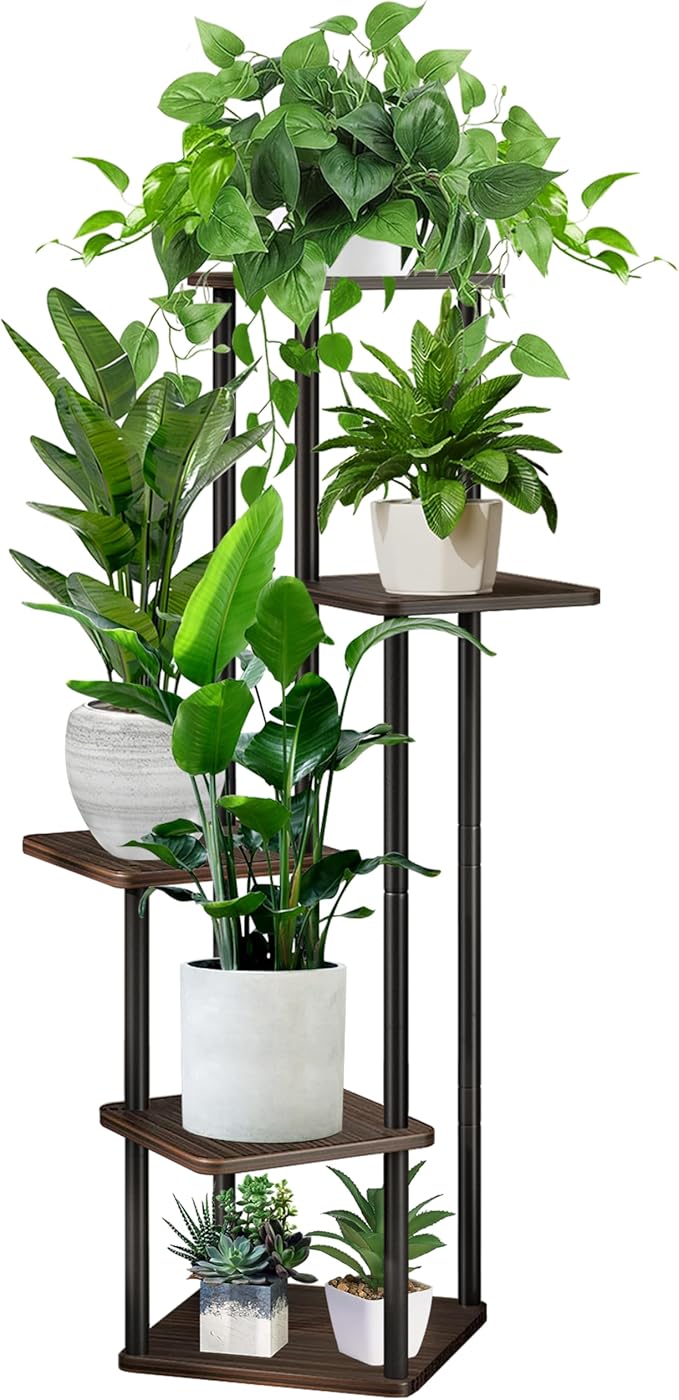 5 Tier Wood Tall Plant Stand Metal Rack Indoor, Multiple Flower Pot Holder Shelves Corner Rack, Planter Shelf Display Rack Storage Organizer for Patio Living Room Balcony Garden(Black Oak) YOCOMEY