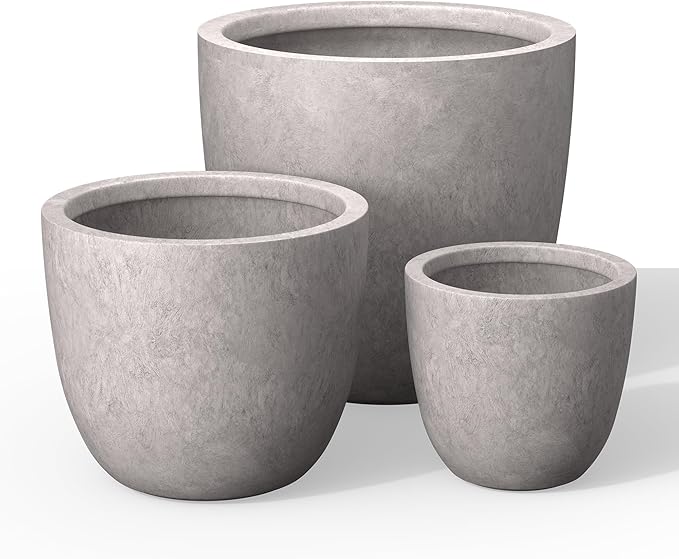 Kante 18",14",10" Dia Concrete Round Planters (Set of 3), Outdoor Indoor Large Planter Pots with Drainage Hole and Rubber Plug for Home Patio Garden, Light Gray Kante