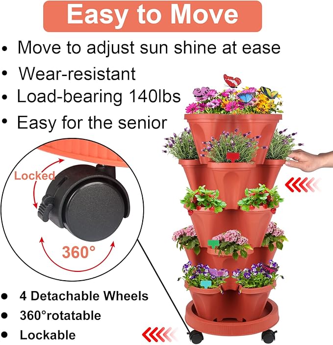 GameXcel Vertical Planter, 5 Tier Stackable Strawberry Planter with Garden Tool Set, Movable Indoor/Outdoor Garden Herb Pot for Growing Vegetables and Succulents, Red GameXcel