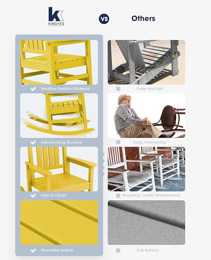 KINGYES HDPE Rocking Chairs Outdoor, Patio Rocking Chairs with 330lbs Support, Smooth Porch Rocker for Deck Lawn Yard, Yellow KINGYES