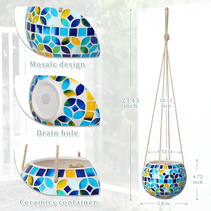 Ceramic Hanging Planter Mosaic Hanging Flower Pot Small Plant Pot for Indoor Plant Disco Ball Planter with Drainage Square Blue Chonsun