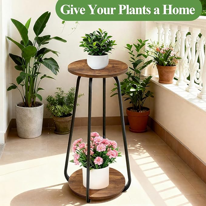 Plant Stand Indoor, 2 Tier Plant Shelf Pedestal Stand Flower Stand, Metal Wood Plant Stands for Indoor Plants Living Room Balcony Deck Garden OugeWood