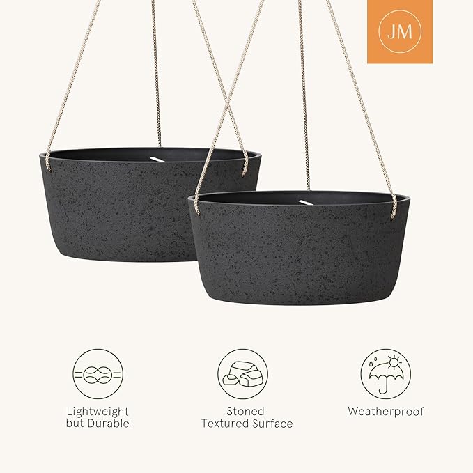 La Jolie Maison Large Hanging Planters - 12 Inch Outdoor Flower Pots, Hanging Garden Planters Set of 2, Black Charcoal LaJolieMaison