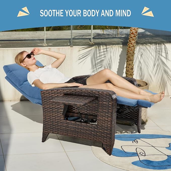 Outdoor Recliner Chairs Set of 2 Reclining Patio Chairs with Adjustable Back and Extended Footrest Wicker Rattan Recliner Chairs with Flip Table and Removable Cushion zzw