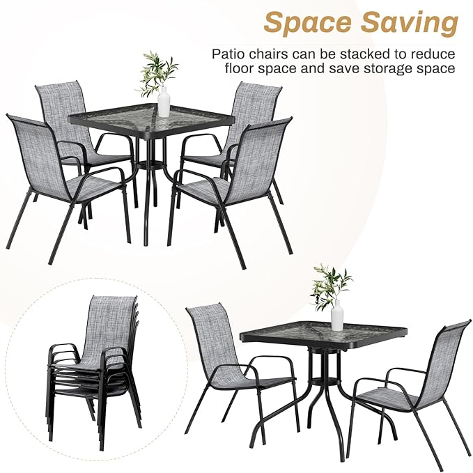 Arlopu 5 Piece Outdoor Patio Dining Set (Umbrella not Included), Porch Furniture with 4 Textline Chairs, 1 Square Glass Table for Garden, Backyard and Poolside, Lawn (Grey) Arlopu