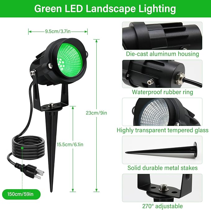 Green Outdoor LED Spot Lights for Yard & Garden – 12W Landscape Lighting, Christmas & Holiday Decor, Adjustable Beam,4Pack Qeeanmo