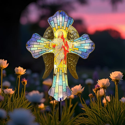 Solar Jesus Cross for Gemetery Graver,Golden Angel Wings,Grave Decorations for Cemetery,Sympathy Memorial Gifts,Christmas Yard Decor Outdoor HokfirmHomeDecorGarden