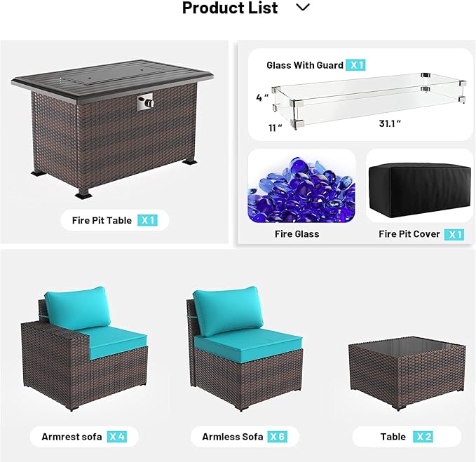 Kullavik 13 Pieces Outdoor Patio Furniture Set with 43" 55000BTU Gas Propane Fire Pit Table PE Wicker Rattan Sectional Sofa Patio Conversation Sets,Blue KULLAVIK