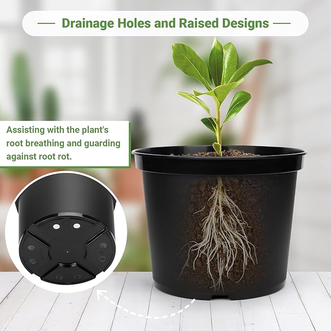 GREANER 5 Gallon Pots for Plants, 5PCS Black Nursery Pots with Drainage Holes, Plastic Seed Starting Container for Succulents, Flowers, Tomatoes, Seedlings GREANER
