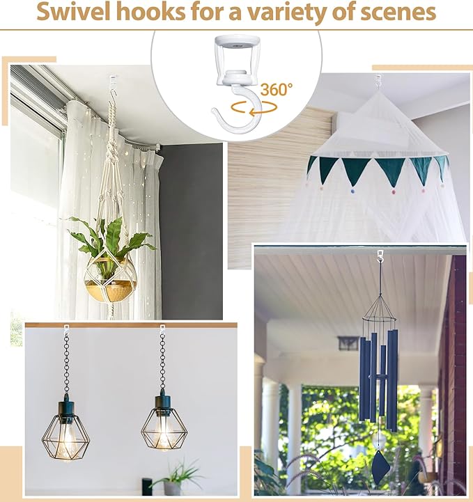 Mkono Ceiling Hooks for Hanging Plants, Heavy Duty Metal Plant Hanger for Drop Ceiling, Swag Hook for Hanging Planters, Lights, Birdfeeders, Indoor Outdoor Decorative Screw-in Hooks (White 2 Pack) Mkono
