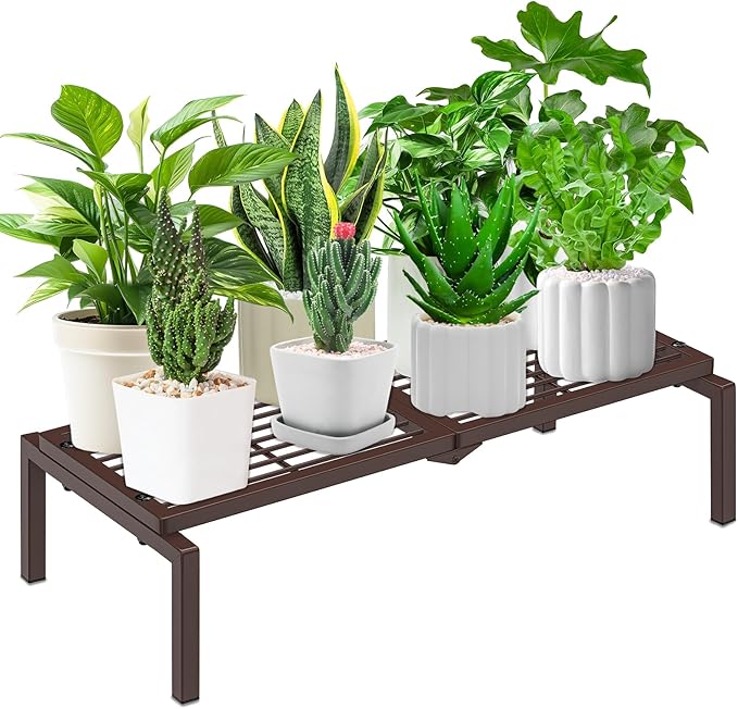 1 Tier Metal Plant Stand Indoor Outdoor, Potted Multiple Flower Pot Holder Rack Plant Shelf, Heavy Duty Planter Display Shelving for Patio Balcony Garden Living Room Decorative (Brown) Gouisalin