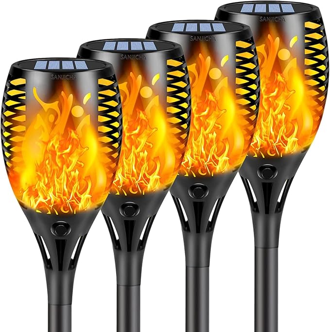 4 Pack Super Larger Size Solar Flame Torch Lights with Flickering Flame, Solar Flame Lights Outdoor Waterproof for Garden Decor, Extra Bright Tiki Torches Solar Lights Outdoor for Pathway Patio Yard SANJICHA