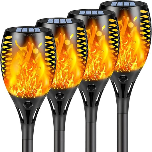 4 Pack Super Larger Size Solar Flame Torch Lights with Flickering Flame, Solar Flame Lights Outdoor Waterproof for Garden Decor, Extra Bright Tiki Torches Solar Lights Outdoor for Pathway Patio Yard SANJICHA