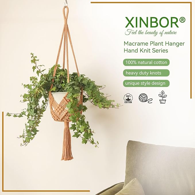 Hanging Planter with Patterns,2Packs Macrame Plant Hangers Indoor Macrame for up to 8 inch Pot Crochet Boho Plant Hanger Holder for Indoor Outdoor with 2S Shaped Stainless Steel Hooks (Caramel) XINBOR