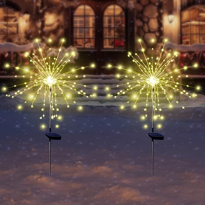 Solar Garden Firework Lights Outdoor Waterproof 2 Pack Solar Powered Art Stake Twinkle Lighting for Outside Decor, 120 LED Sparklers String Lights for Yard Party Decorations (Warm White) SolarEra-FREETOSHINE