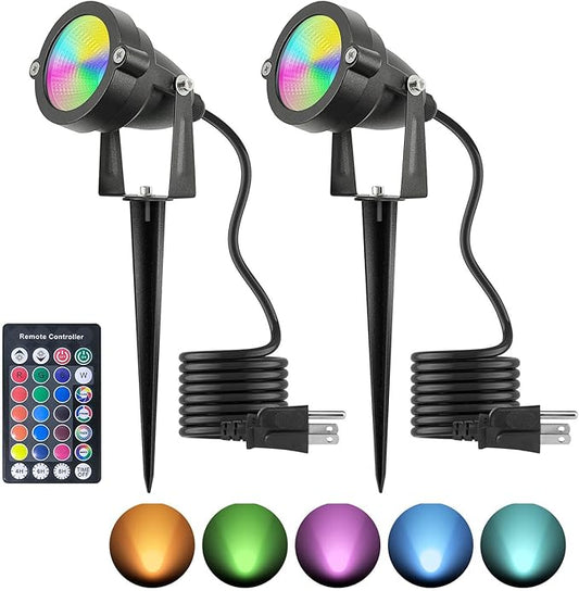 Christmas Spotlight 10W LED Color Changing Outdoor Hallowmas Spot Lights Timer Remote IP65 Waterproof RGB Metal Case Spotlights with Stake Stand for Yard Garden Lawn House, 2 Lights TENSUL