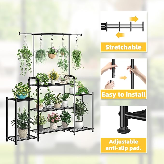 Simple Trending Plant Stand Indoor Outdoor, Metal 3 Tier Tall Hanging Plant Shelf for Multiple Flower Planter Large Heavy Duty Ladder Plant Holder for Garden, Black SimpleTrending