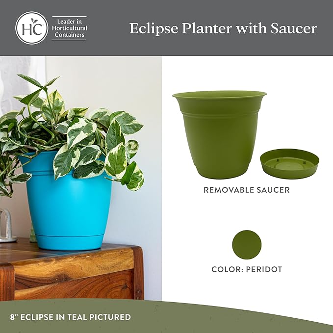 The HC Companies 6 Inch Eclipse Round Planter Pots with Drainage Holes & Attached Saucer, Lightweight UV-Resistant Plastic Indoor Outdoor Planters, 4-Pack Flower Pots for Garden & Home Decor, Peridot TheHCCompanies