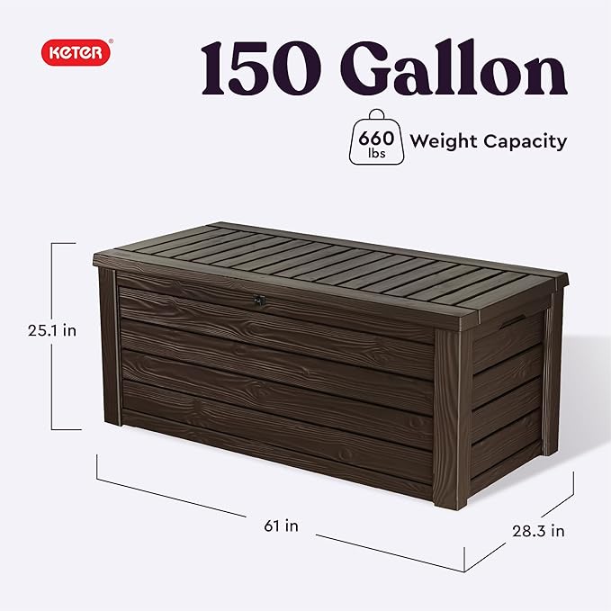 Keter Westwood 150 Gallon Deck Box Organizer, Doubles as 2-Person Bench Seat, Brown – Large Resin Outdoor Storage and Seating with Lockable Lid for Garden, Pool, and Patio Keter