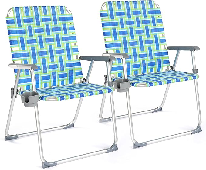 VINGLI Folding Aluminum Webbed Oversized Lawn Chairs with Detachable Cup Holder, 300LBS High Beach Chair for Adults Heavy Duty, Portable Patio Chair for Yard, Garden, 2 Pack,Blue/Green VINGLI