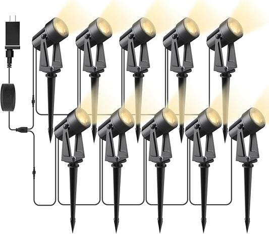 Svater Landscape Lighting Low Voltage, 10 Pack Outdoor Spotlights with Transformer, Plug in LED Spot Lights for Garden, Backyard, House, 3000K Warm White Super Bright 3W 250Lumem, Black Svater