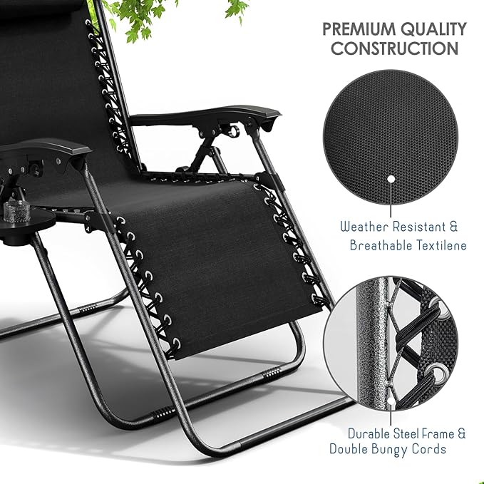 Nestl Zero Gravity Chairs Set of 4, Patio Lounge Chair Outdoor with Pillows & Cup Holder Trays, Adjustable Steel Mesh Reclining Camping Chair, Folding Patio Lawn Chair for Deck, Beach, Yard - Black Nestl