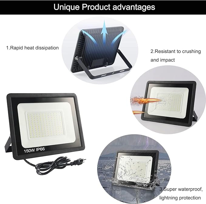 4Pack LED Flood Light Outdoor,150W LED Work Light 15500lm with 6FT US Plug,IP66 Waterproof Exterior Security Lights,6000K Daylight White Outside Floodlights Slim Design for Playground Yard garageangle