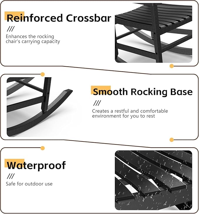 Patio Rocking Chair Outdoor Set of 1,Weather Resistant Poly Resin Oversized Porch Rocker,Indoor Outdoor Use(1, Black) GYMHILL