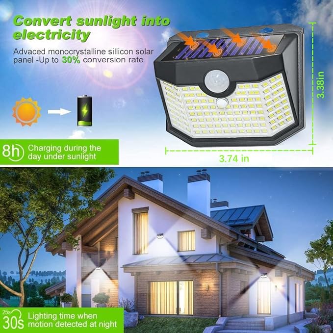 HMCITY 120 LED Outdoor Solar Lights with Motion Sensor and 3 Lighting Modes, IP65 Waterproof Wide Solar Wall Lights Ideal for Garden Patio Yard (Front Button 2Packs, Black Shell-Daylight White) LightingUpYourLife