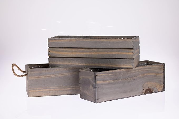 Wooden Planter Box with Handle I Rustic Barn Wood, Plastic Liner l Garden Decor l Restaurant and Wedding Decorations l Wedding Table Centerpiece (12x4 w Handle Set of 4, Natural) Rootora