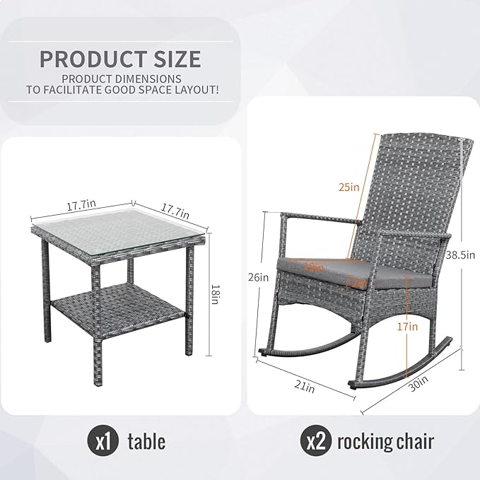 Outdoor Rocking Chair 3 Pieces High-Backed Rocking Chair Patio Rocking Chairs Outdoor Table and Chairs Anti-Slip Cushions Dark Grey Rootora