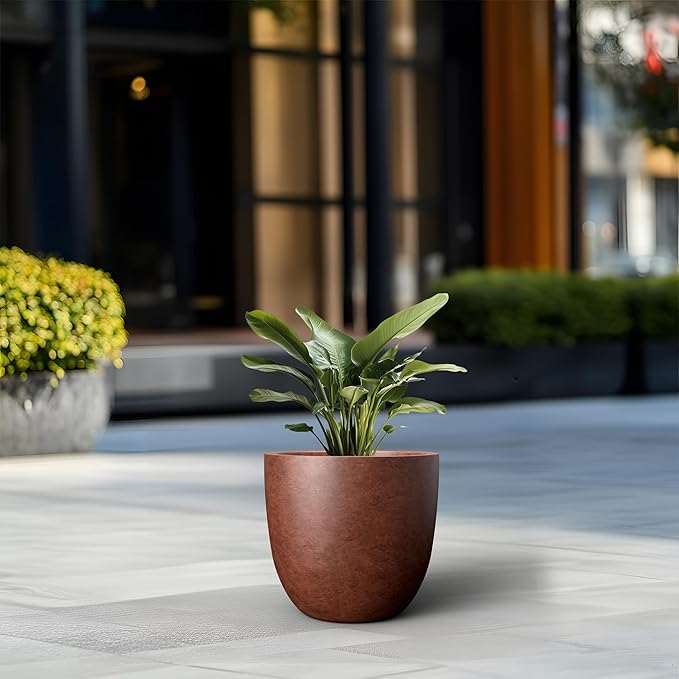Kante 14 Inch Dia Round Concrete Planter, Indoor Outdoor Large Plant Pot with Drainage Hole and Rubber Plug for Home Patio Garden, Rusty Kante