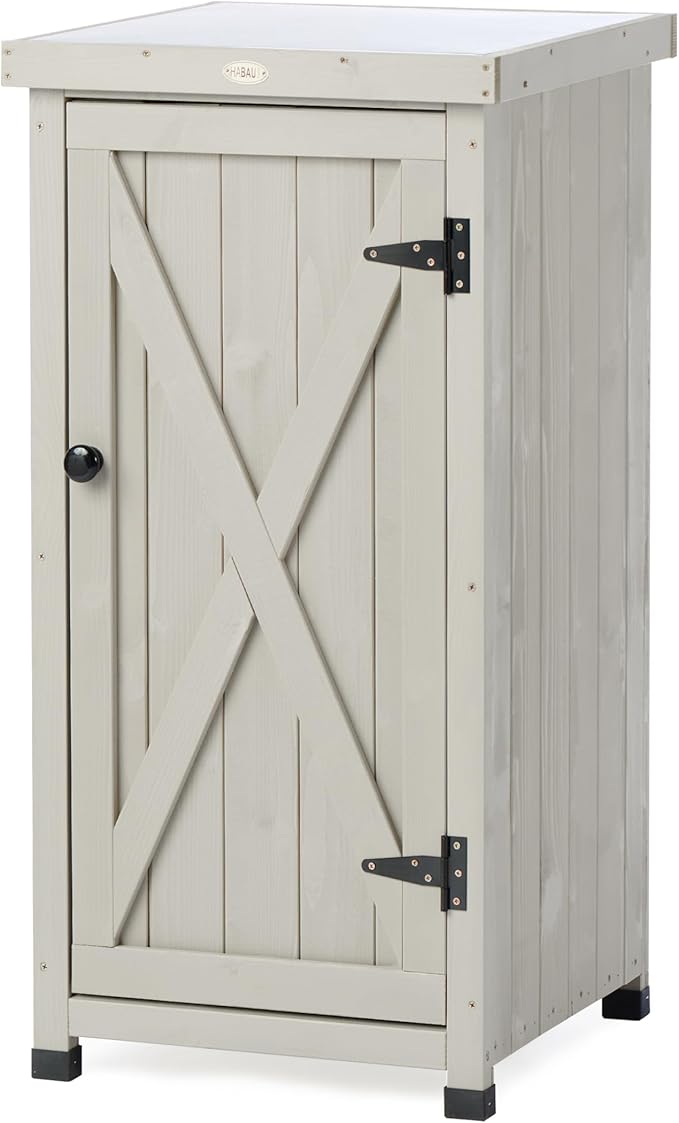 Outdoor Storage Cabinet for Patio, Garden Potting Bench Table with Shelves & Metal-Tabletop, Wooden Planting Work Station, Weatherproof HABAU