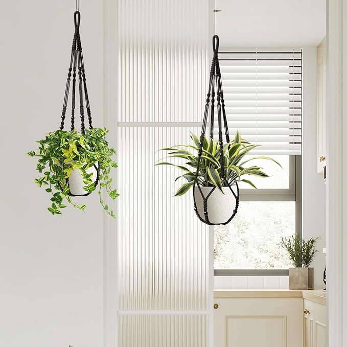 Macrame Plant Hanger Indoor Set of 4 with 8 Hooks, Indoor Outdoor Hanging Planter for Plants Holder with Decorative Wood Beads & No Tassels, Boho Home Decor, 35 Inch Black (Pots Not Included) Rootora