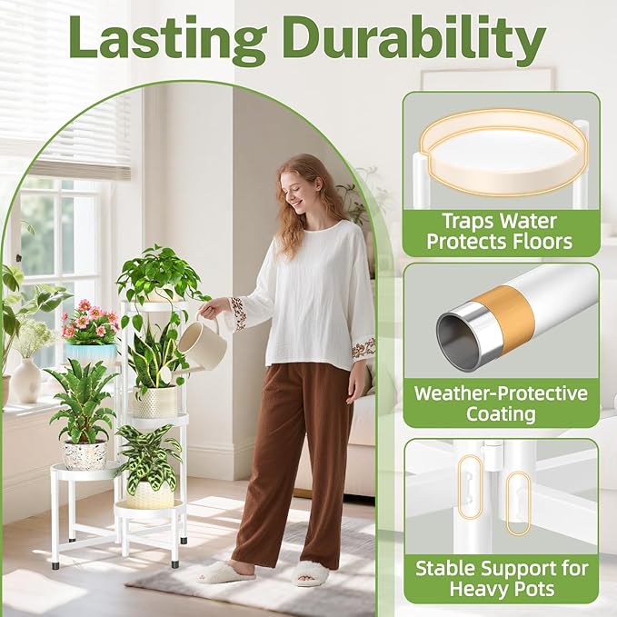 iDavosic.ly Plant Stand Indoor Outdoor, 5 Tier Corner Metal Flower Display Holder Shelf, Easy Assembly Folding Tall Orchid Rack for Patio Balcony Porch Garden Living Room House, White iDavosicly