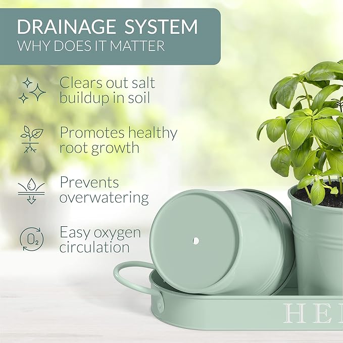 Barnyard Designs Indoor Herb Garden Planter Set with Tray, Metal Windowsill Plant Pots with Drainage for Outdoor or Indoor Plants, Set/3 (Soft Mint) BarnyardDesigns