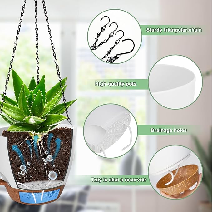10/9/8 Inch Hanging Planter for Indoor Outdoor Plants, 3 Pack Self-Watering Hanging Pot with Drainage Holes Hanging Planter Baskets Plant Pots with Removable Tray (White+Brown) Lucieblessdesign