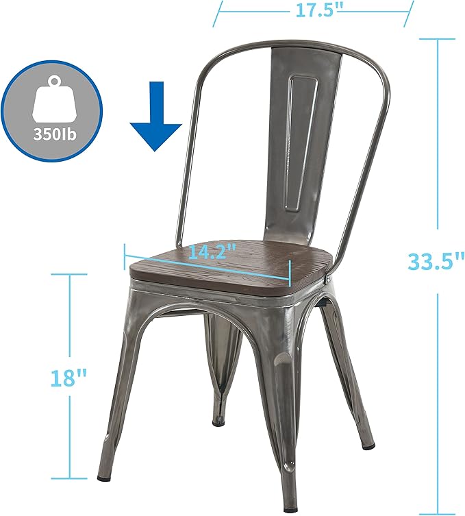 Nazhura Metal Dining Chair Farmhouse Tolix Style for Kitchen Dining Room Patio, 18 Inch, Stackable, Waterproof Indoor/Outdoor (Sets of 4) (Brushed Metal with Wood Padding) NazhuraGoodCompanionAtHome
