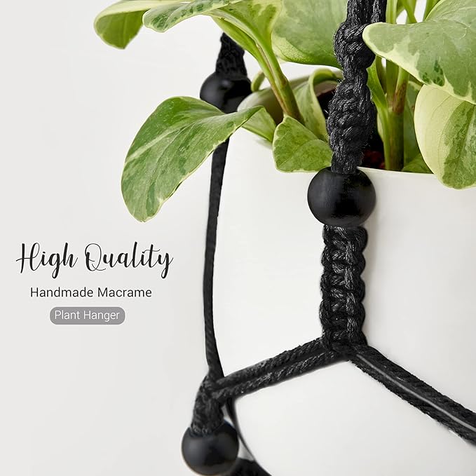 Mkono Macrame Plant Hanger Indoor Hanging Planter Basket with Wood Beads Decorative Flower Pot Holder No Tassels for Indoor Outdoor Boho Home Decor 35 Inch, Black, Set of 2 (POTS NOT Included) Mkono