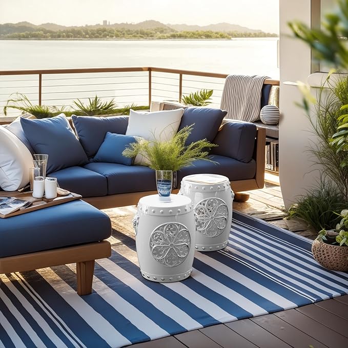 EFU Resin Garden Stool Indoor Outdoor,Decorative Antique Classic-Like Appearance, Waterproof UV Resistant Lightweight Sturdy,for Living Room, Garden Room, Patio(White) Rootora