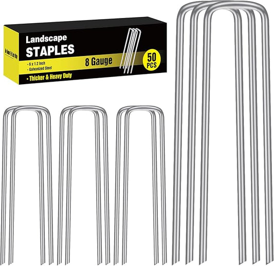 HongWay 50 Pack 6 Inch Landscape Staples, 8 Gauge Garden Stakes Heavy Duty More Thicker Galvanized Tent Stakes, Lawns Yard Staples Wind-Resistant Ground Stakes for Hard & Rocky Soil, Pet Fence HongWay