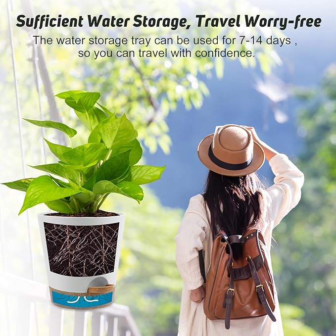 8-Inch Plant Pots, Self-Watering Planters with Drainage Holes & Saucers for Indoor and Outdoor Plants (2-Pack, White) AFamilyofGardenLovers